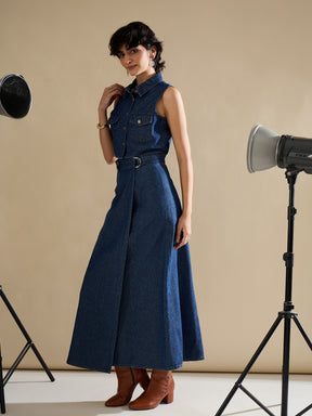 Navy Washed Denim Button Down Vest Top With Wrap Skirt-SASSAFRAS