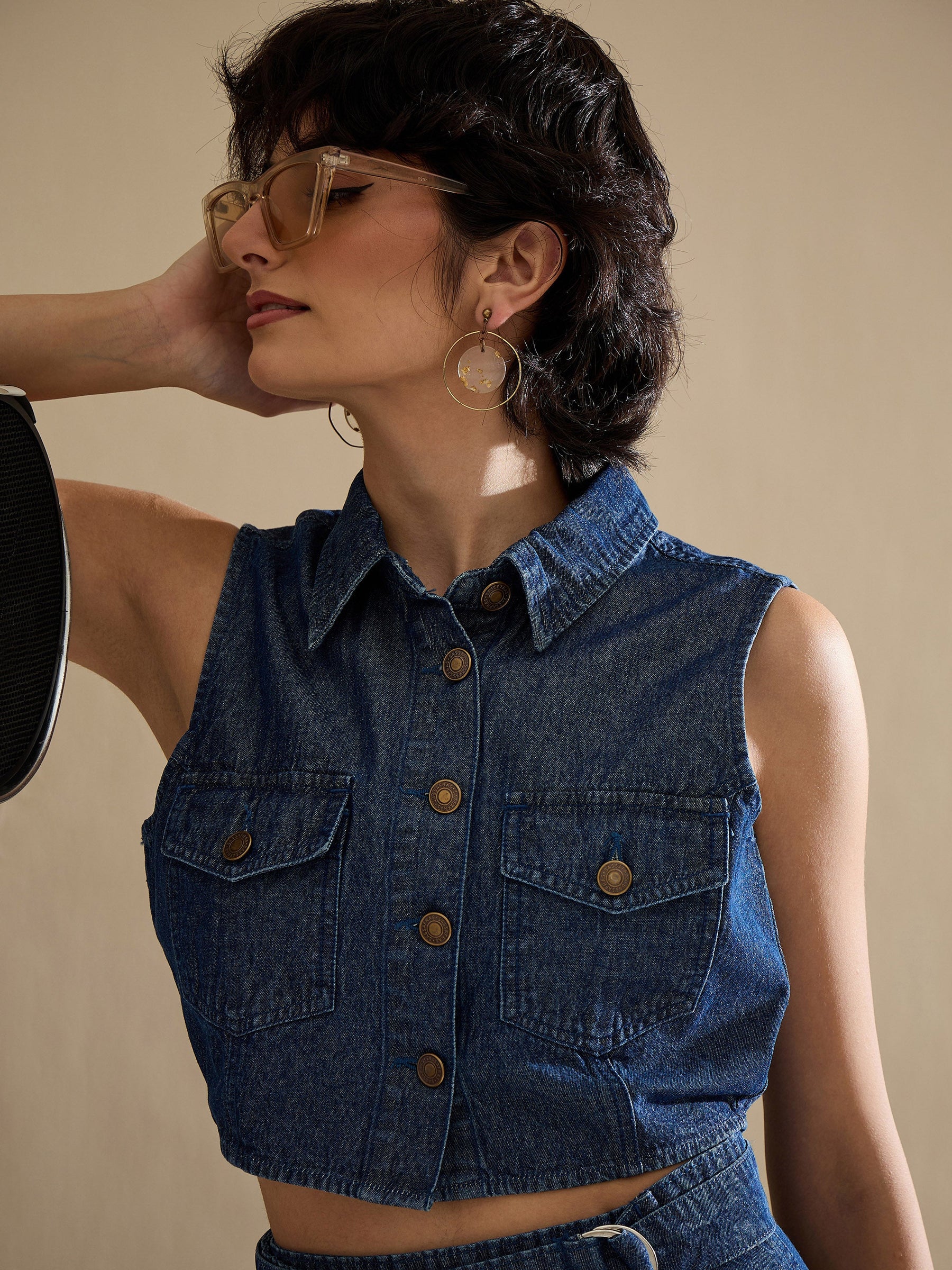 Navy Washed Denim Button Down Vest Top With Wrap Skirt-SASSAFRAS