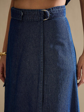 Navy Washed Denim Button Down Vest Top With Wrap Skirt-SASSAFRAS