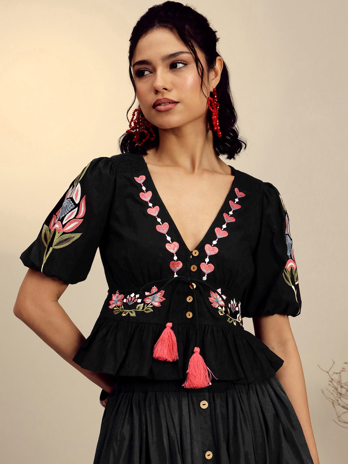 Black Poplin Embroidered Peplum Top -Pink Paprika By SASSAFRAS