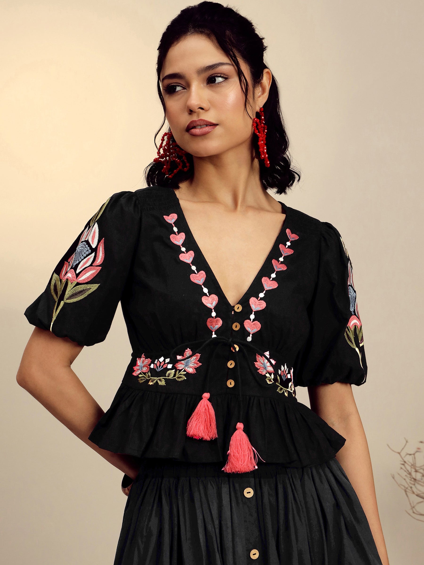 Black Poplin Embroidered Peplum Top -Pink Paprika By SASSAFRAS