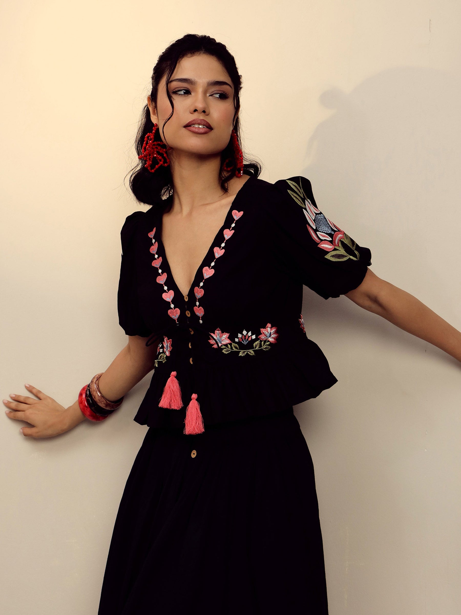 Black Poplin Embroidered Peplum Top -Pink Paprika By SASSAFRAS