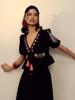 Black Poplin Embroidered Peplum Top -Pink Paprika By SASSAFRAS