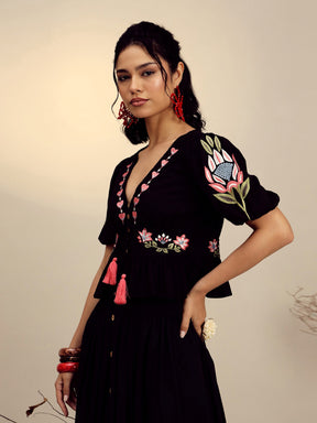 Black Poplin Embroidered Peplum Top -Pink Paprika By SASSAFRAS