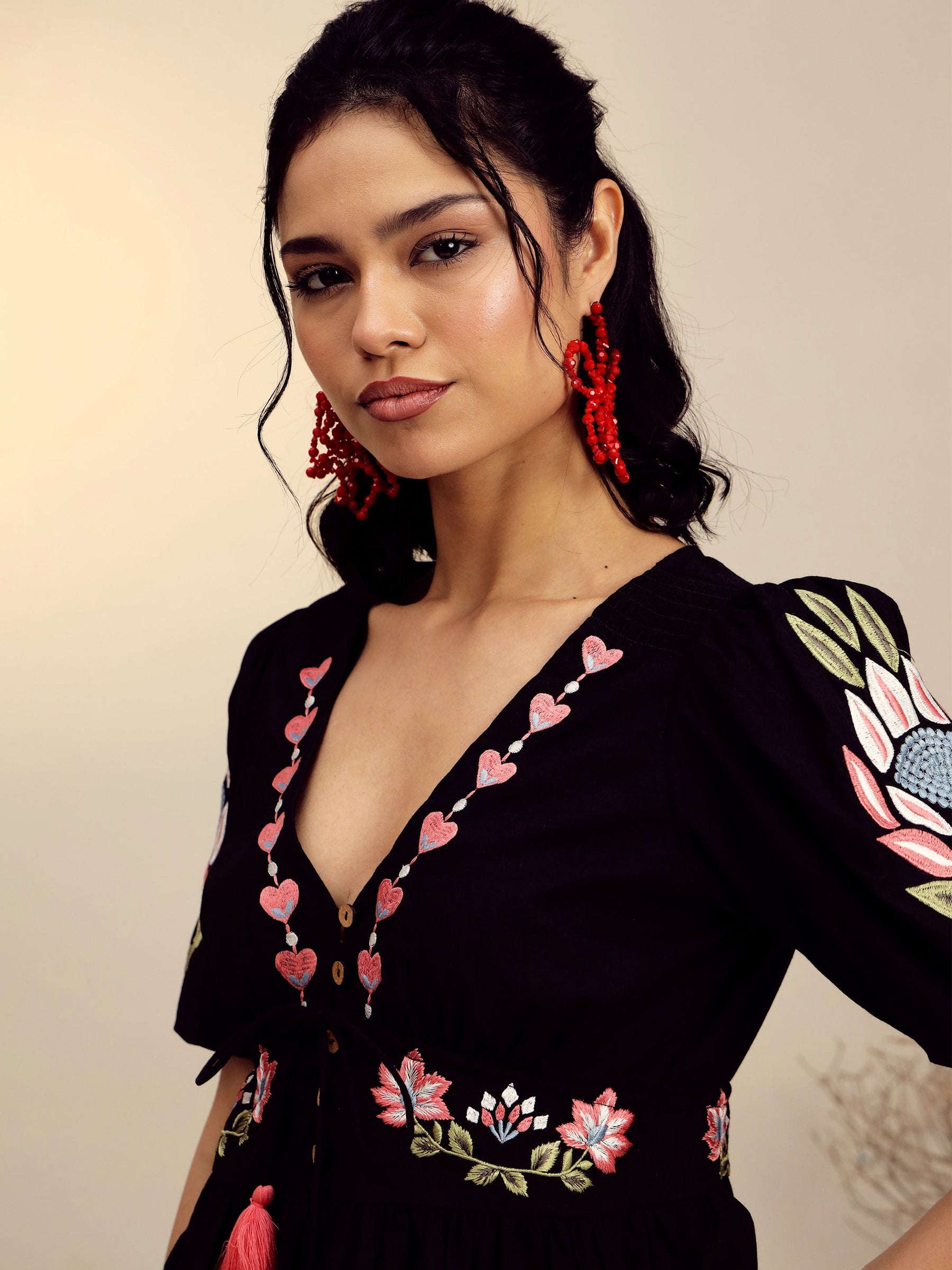 Black Poplin Embroidered Peplum Top -Pink Paprika By SASSAFRAS