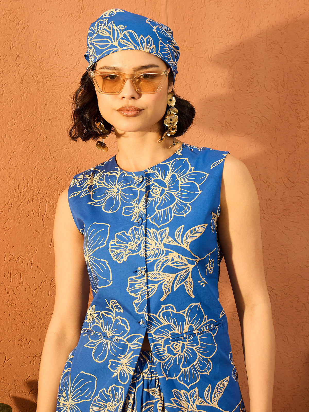 Blue Poplin Floral Sleeveless Vest Top -Pink Paprika By SASSAFRAS