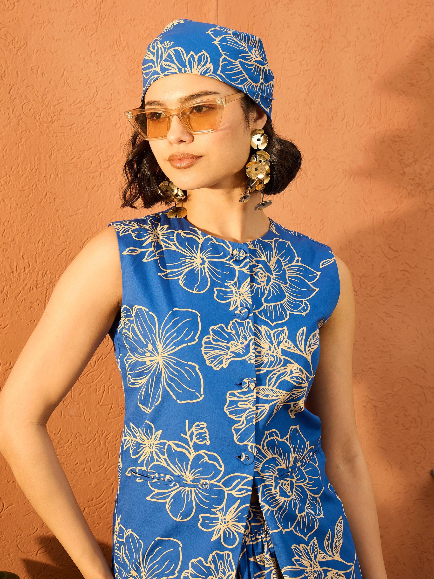 Blue Poplin Floral Sleeveless Vest Top -Pink Paprika By SASSAFRAS