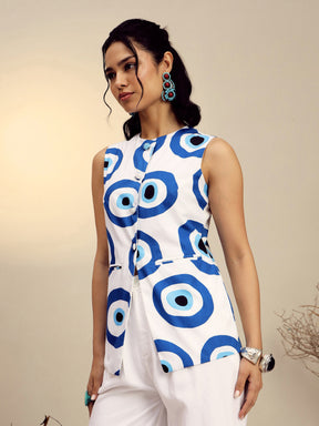 White Poplin Evil Eye Print Sleeveless Vest Top-Pink Paprika By SASSAFRAS