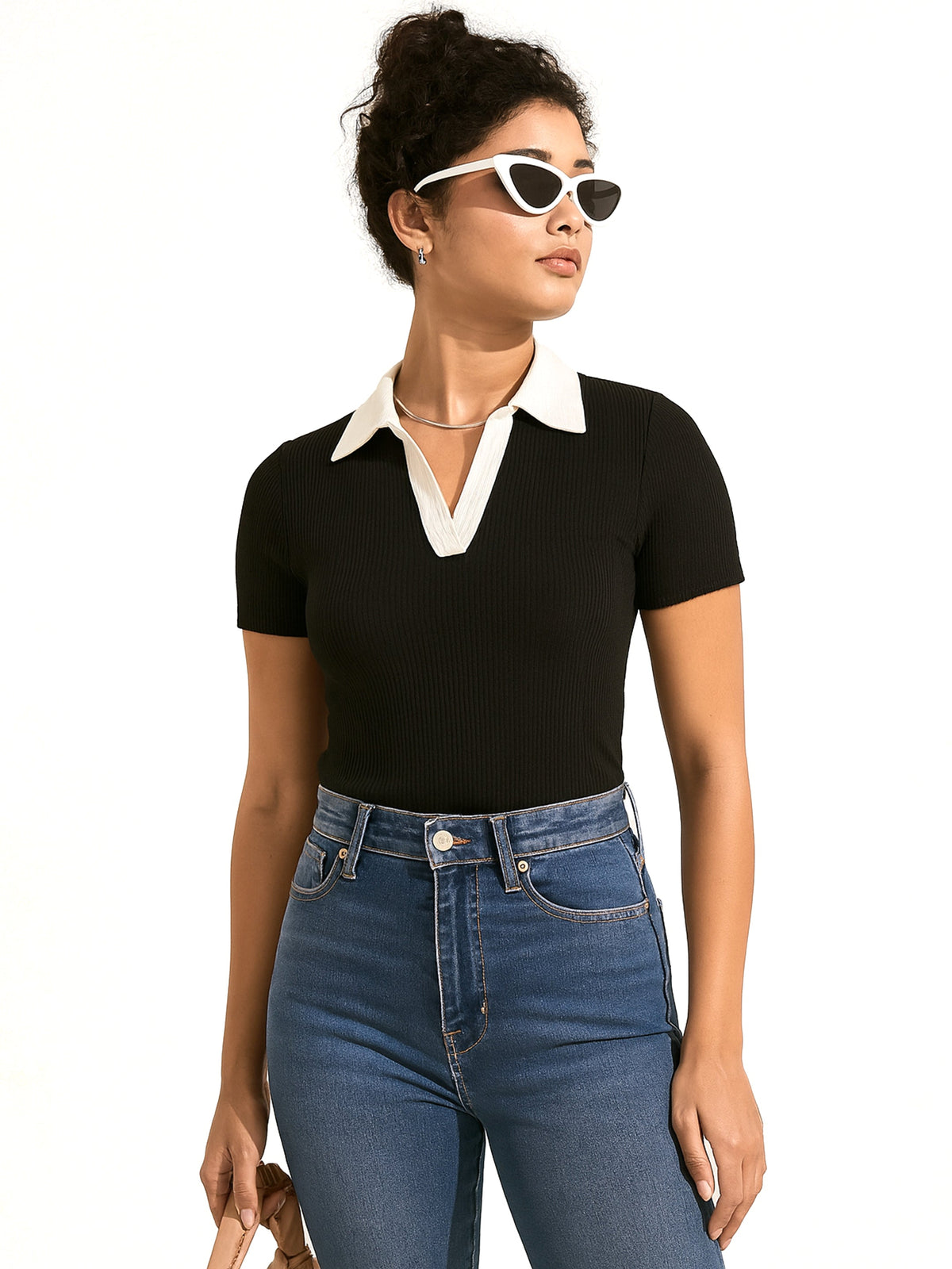 Black With White Rib Contrast Polo Neck Top-SASSAFRAS BASICS