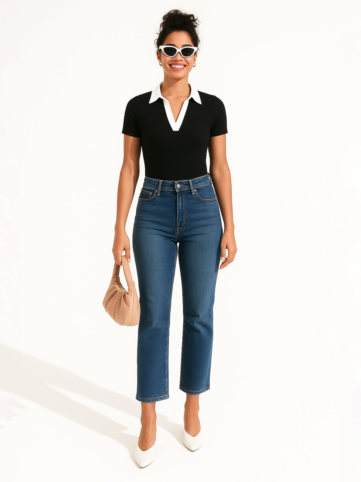 Black With White Rib Contrast Polo Neck Top-SASSAFRAS BASICS