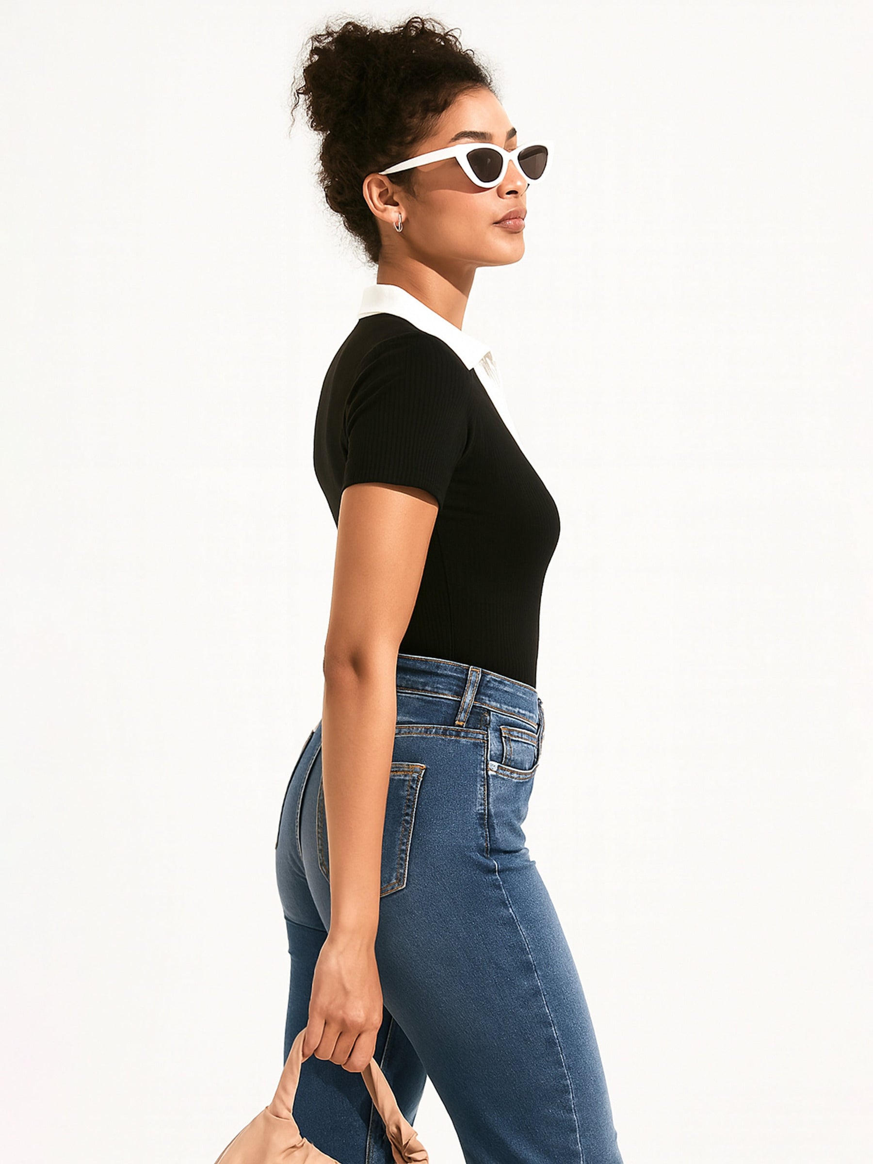 Black With White Rib Contrast Polo Neck Top-SASSAFRAS BASICS