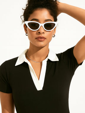 Black With White Rib Contrast Polo Neck Top-SASSAFRAS BASICS