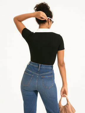 Black With White Rib Contrast Polo Neck Top-SASSAFRAS BASICS