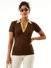 Women Brown With Beige Rib Contrast Polo Neck Top