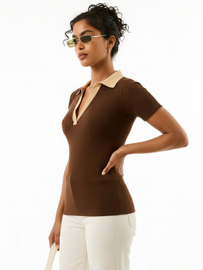 Women Brown With Beige Rib Contrast Polo Neck Top
