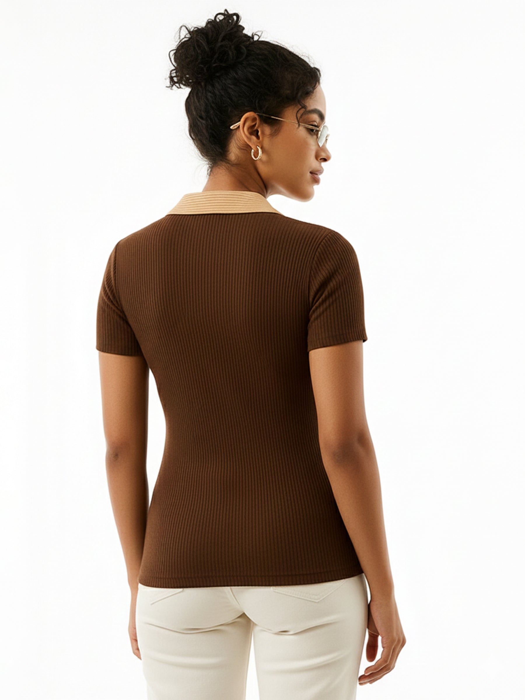Women Brown With Beige Rib Contrast Polo Neck Top