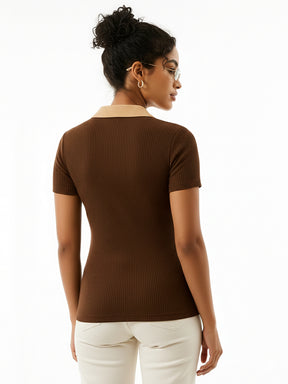 Women Brown With Beige Rib Contrast Polo Neck Top