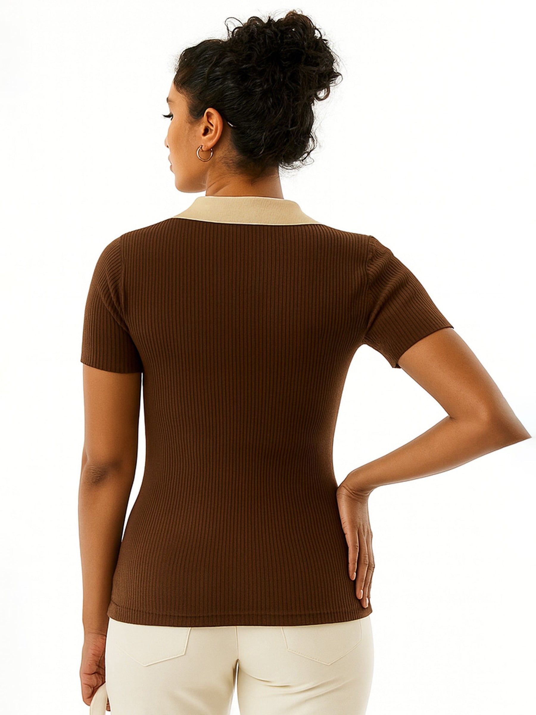 Brown With Beige Rib Contrast Polo Neck Top-SASSAFRAS BASICS