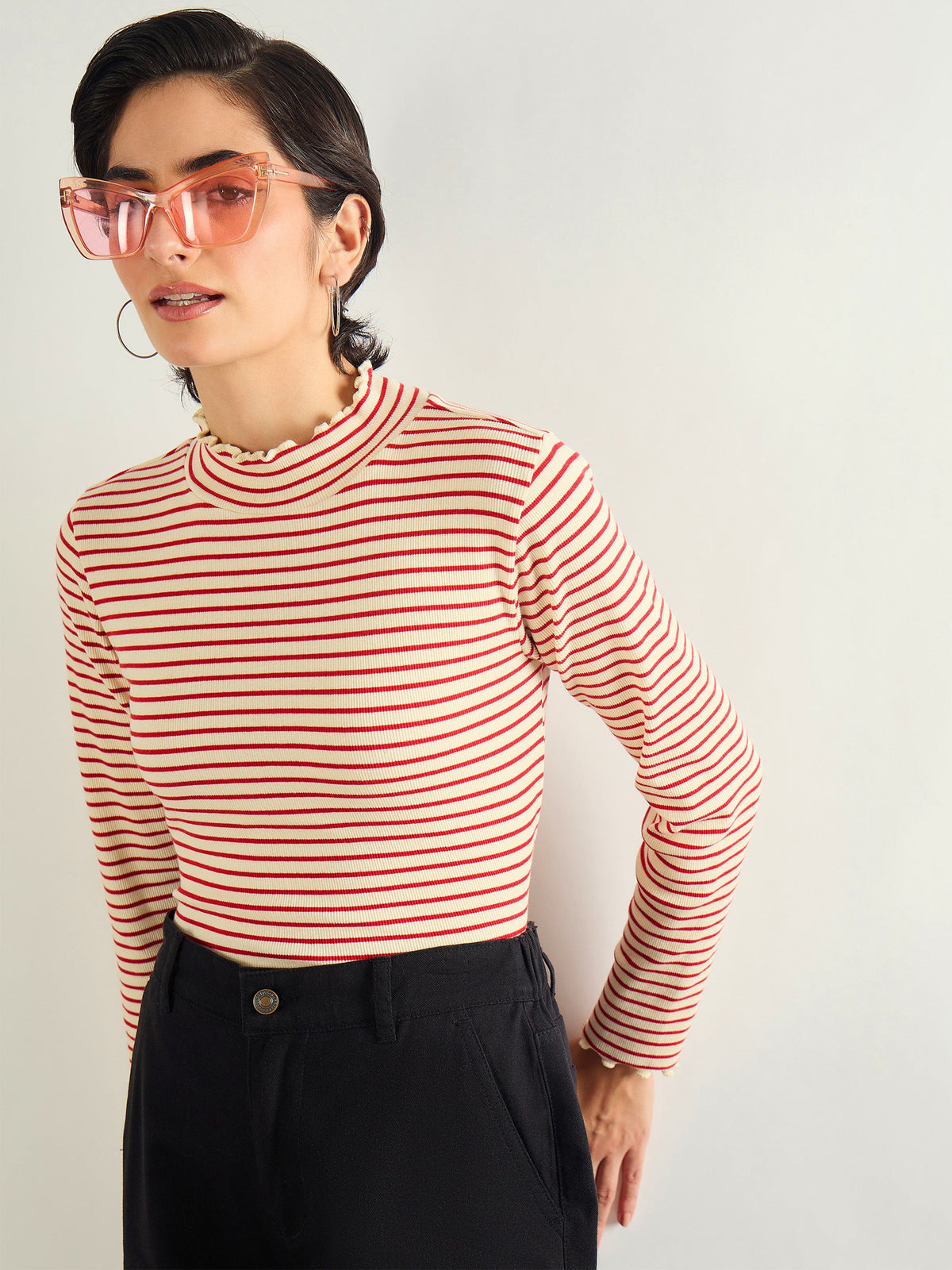 Red & Beige Striped Rib High Neck Full Sleeve Top -SASSAFRAS