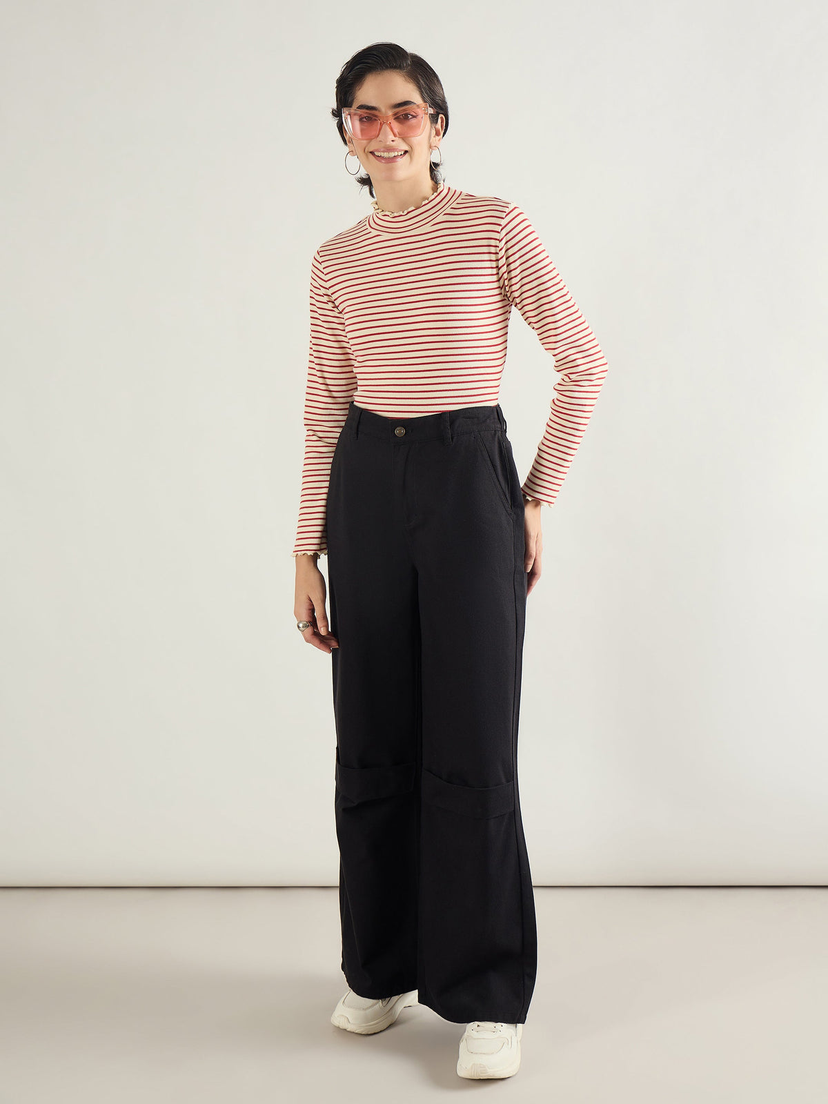 Red & Beige Striped Rib High Neck Full Sleeve Top -SASSAFRAS