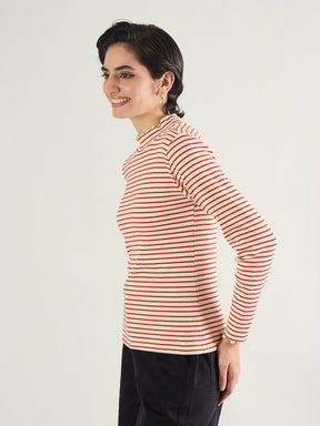 Red & Beige Striped Rib High Neck Full Sleeve Top -SASSAFRAS