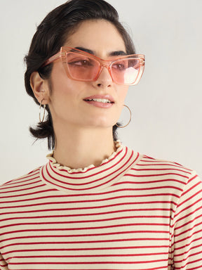 Red & Beige Striped Rib High Neck Full Sleeve Top -SASSAFRAS