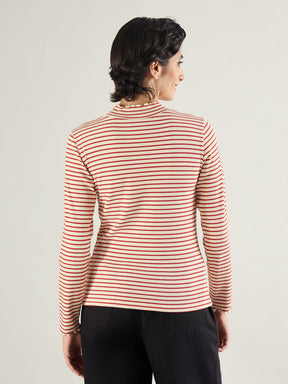 Red & Beige Striped Rib High Neck Full Sleeve Top -SASSAFRAS