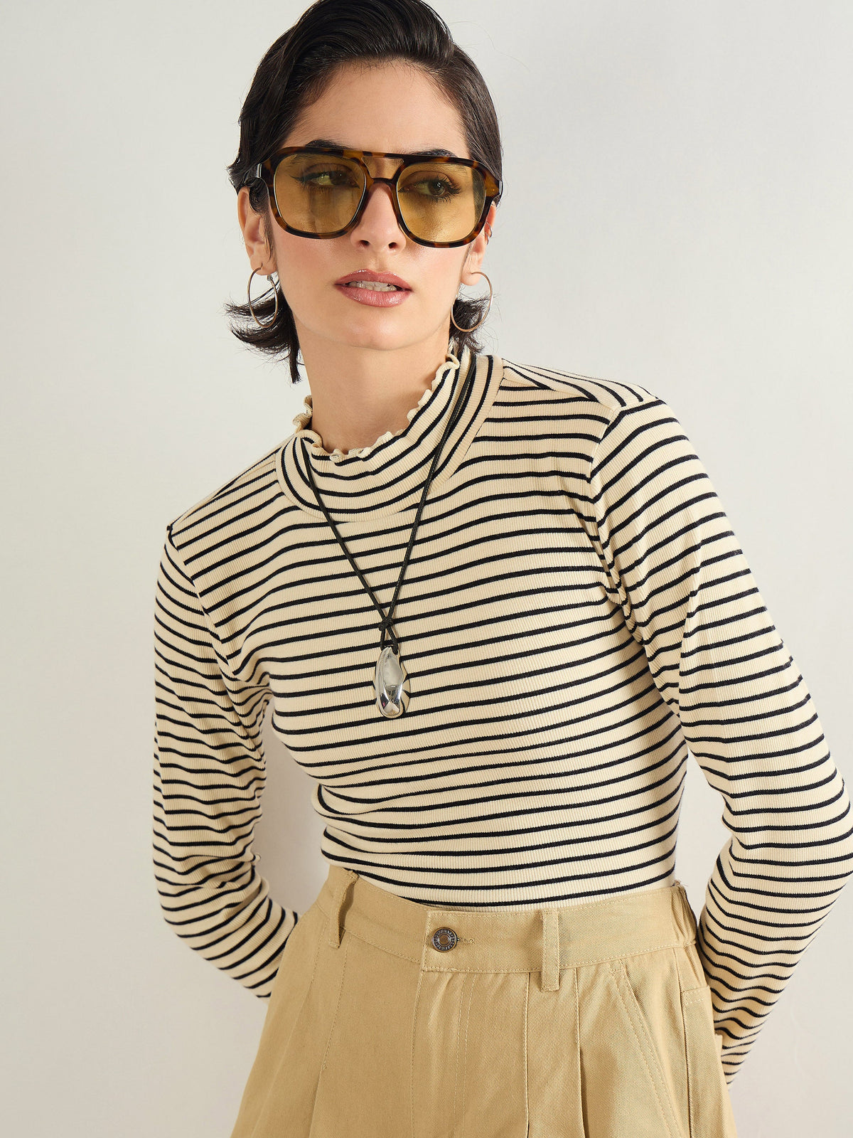 Black & Off-White Striped Rib High Neck Full Sleeve Top -SASSAFRAS