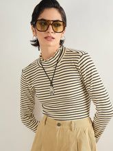 Black & Off-White Striped Rib High Neck Full Sleeve Top -SASSAFRAS