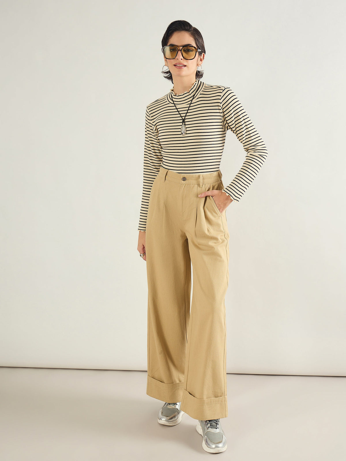 Black & Off-White Striped Rib High Neck Full Sleeve Top -SASSAFRAS