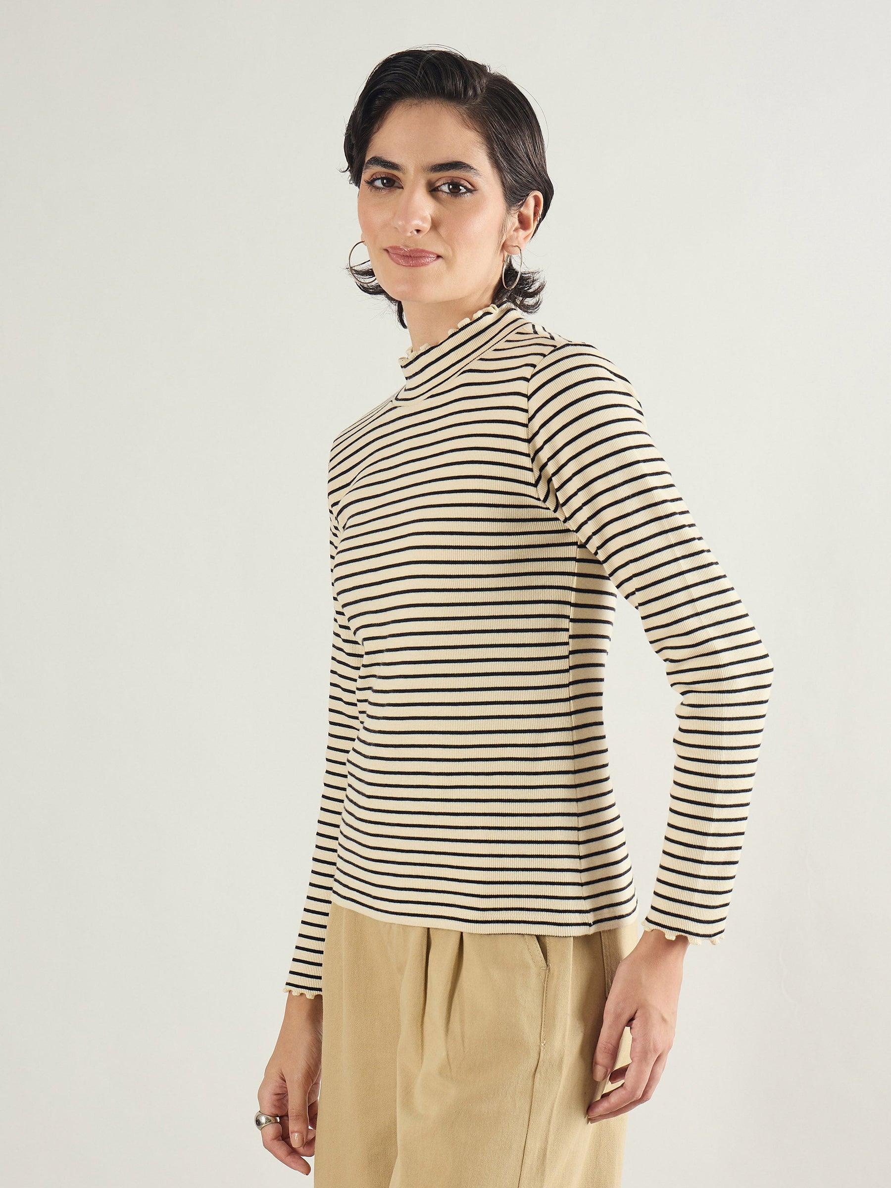 Black & Off-White Striped Rib High Neck Full Sleeve Top -SASSAFRAS