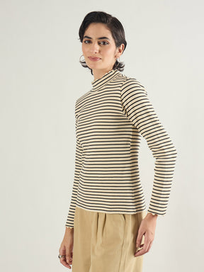 Black & Off-White Striped Rib High Neck Full Sleeve Top -SASSAFRAS