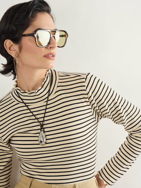 Black & Off-White Striped Rib High Neck Full Sleeve Top -SASSAFRAS