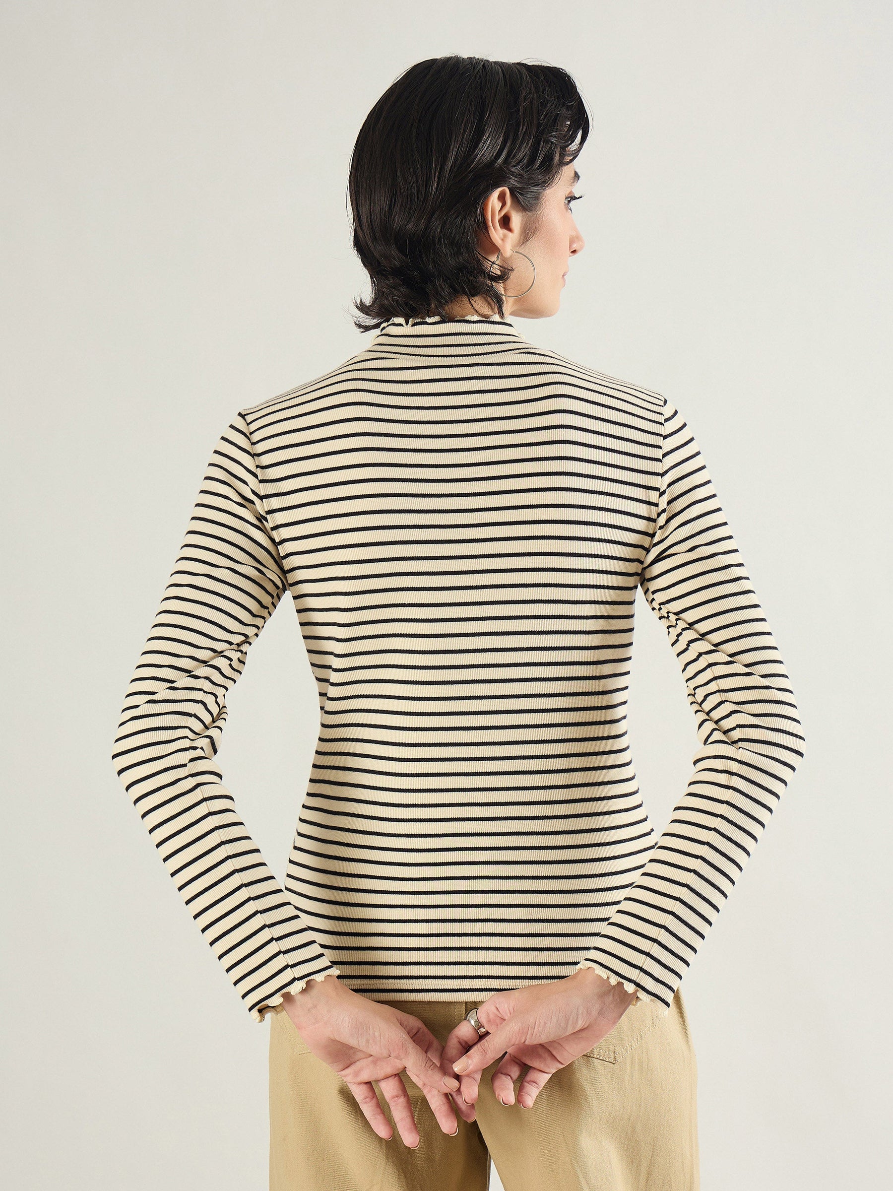 Black & Off-White Striped Rib High Neck Full Sleeve Top -SASSAFRAS