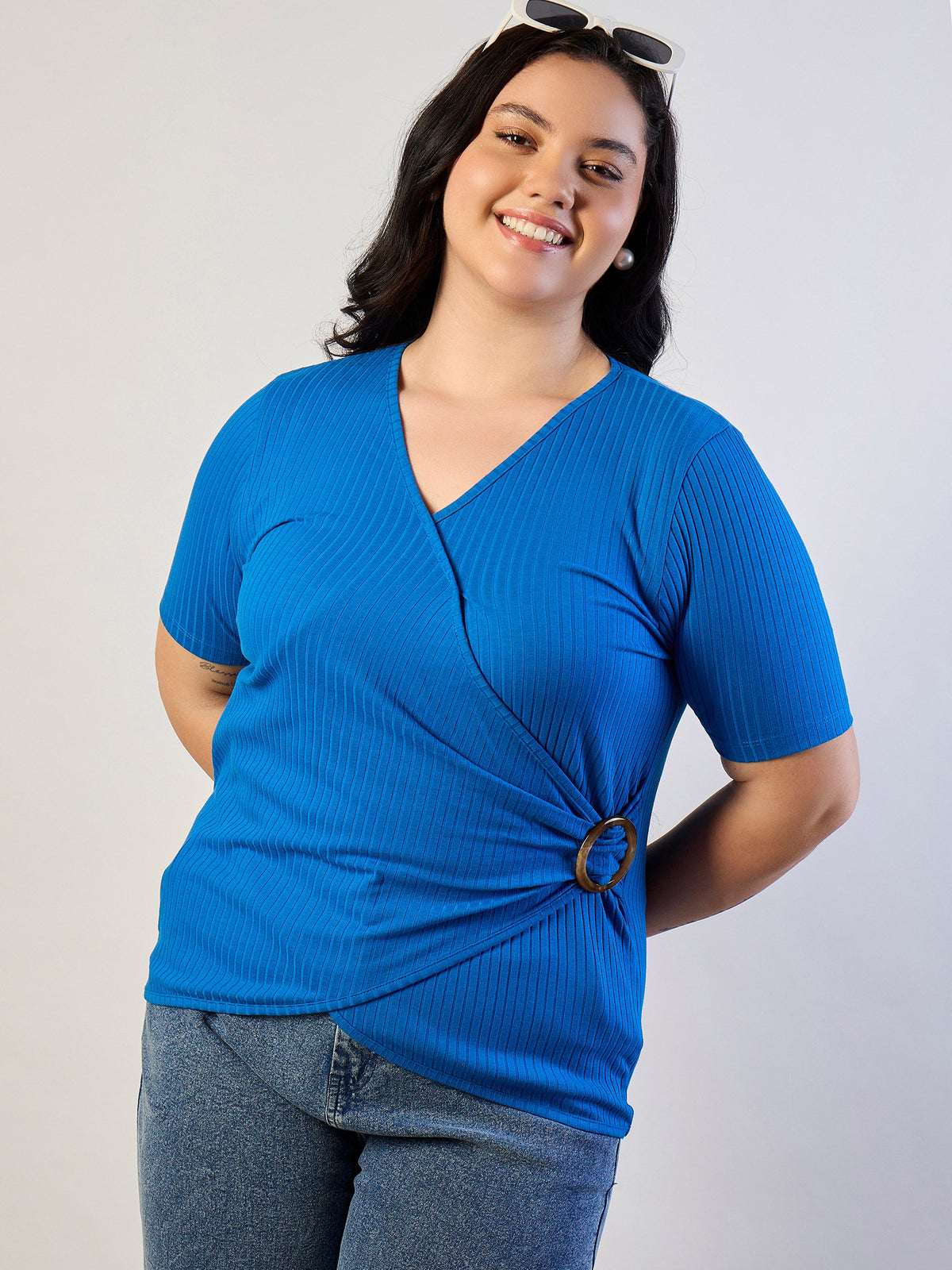 Royal Blue Rib Side Buckle Detail Top-SASSAFRAS CURVE