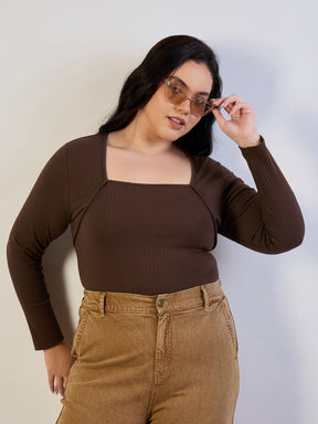 Brown Empire Neck Rib Top-SASSAFRAS CURVE