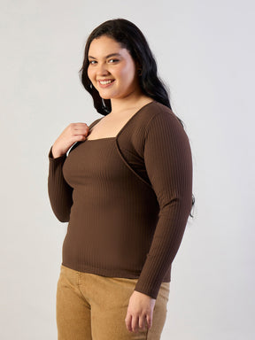 Brown Empire Neck Rib Top-SASSAFRAS CURVE