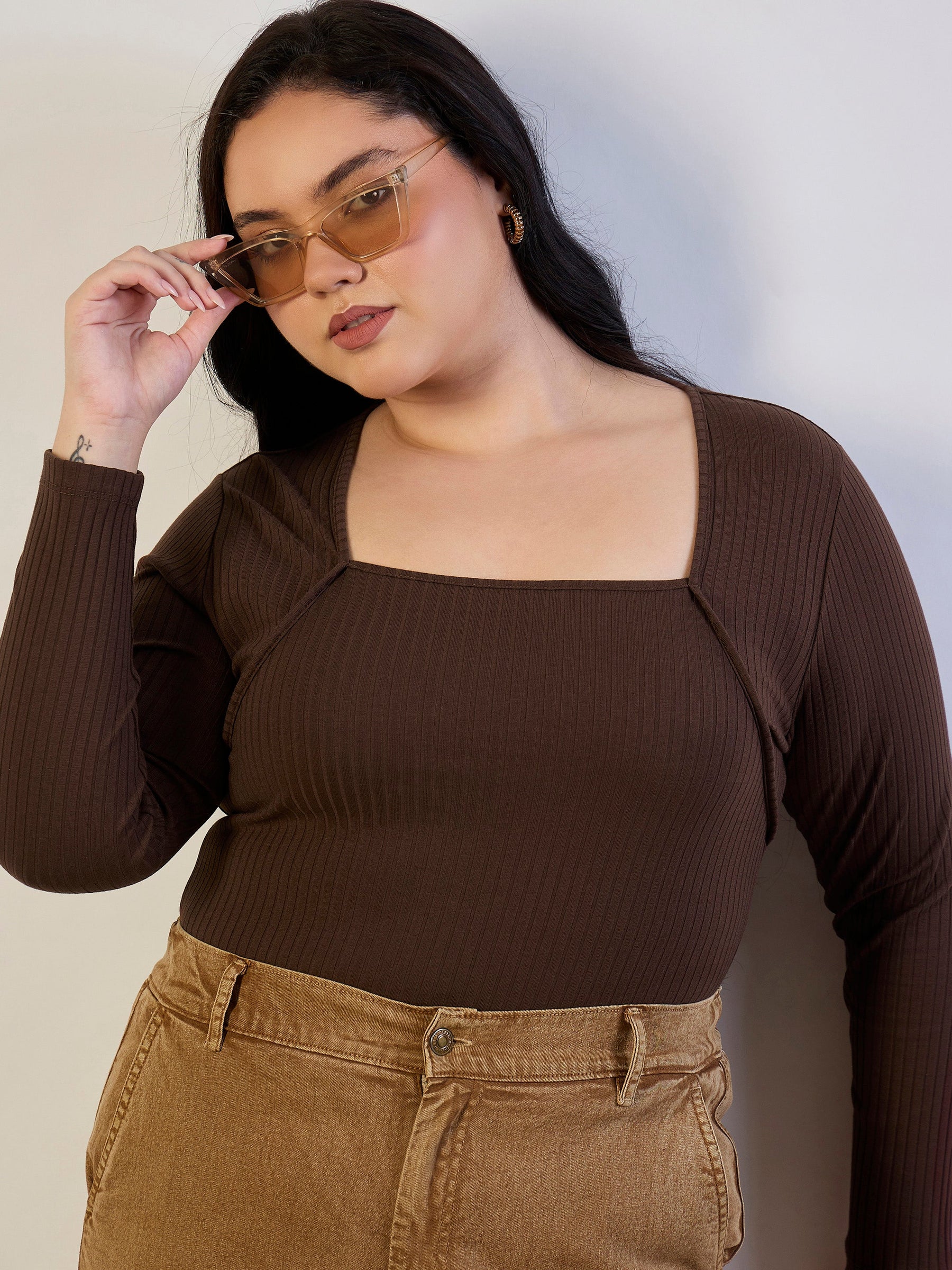 Brown Empire Neck Rib Top-SASSAFRAS CURVE