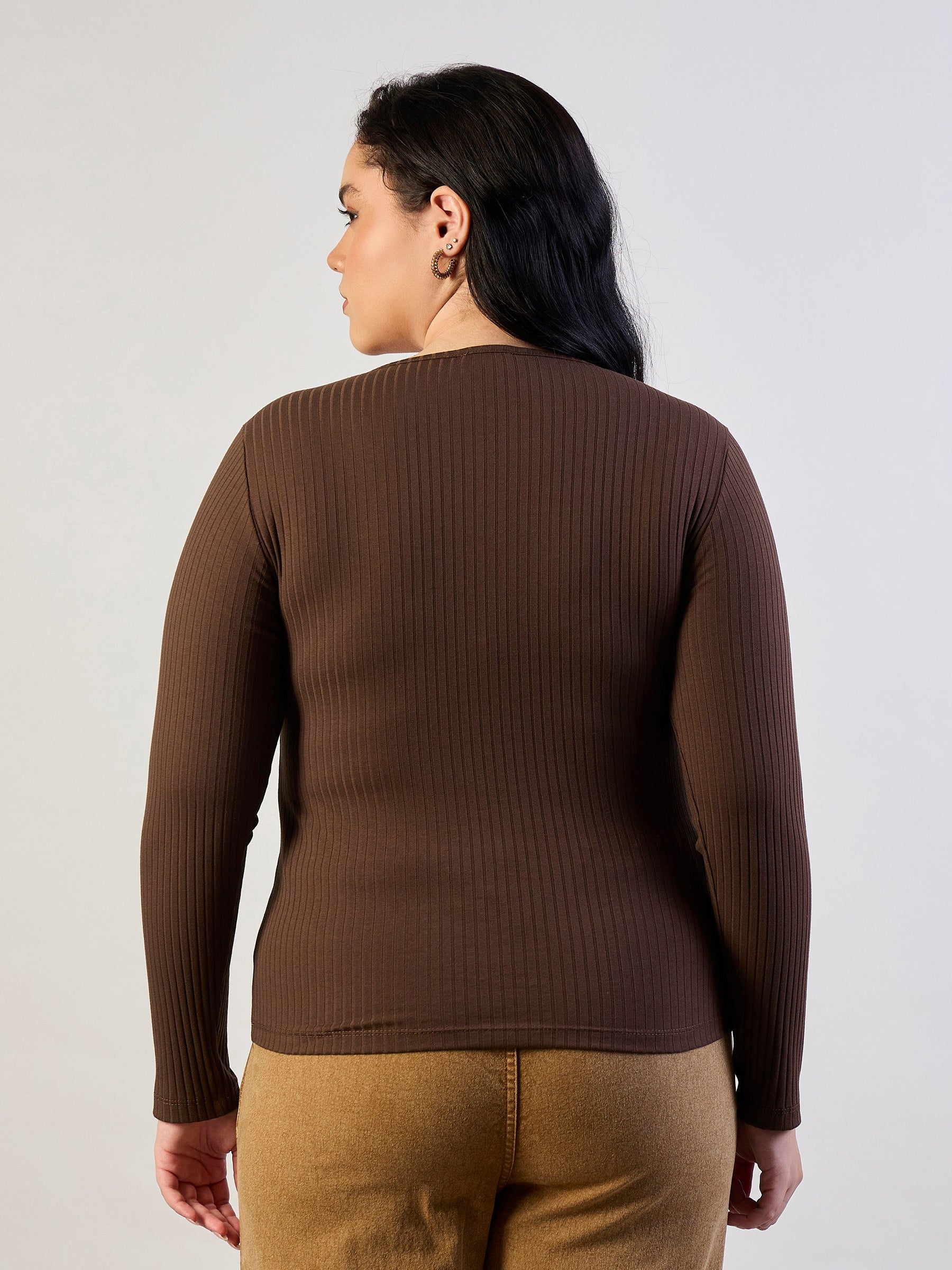 Brown Empire Neck Rib Top-SASSAFRAS CURVE