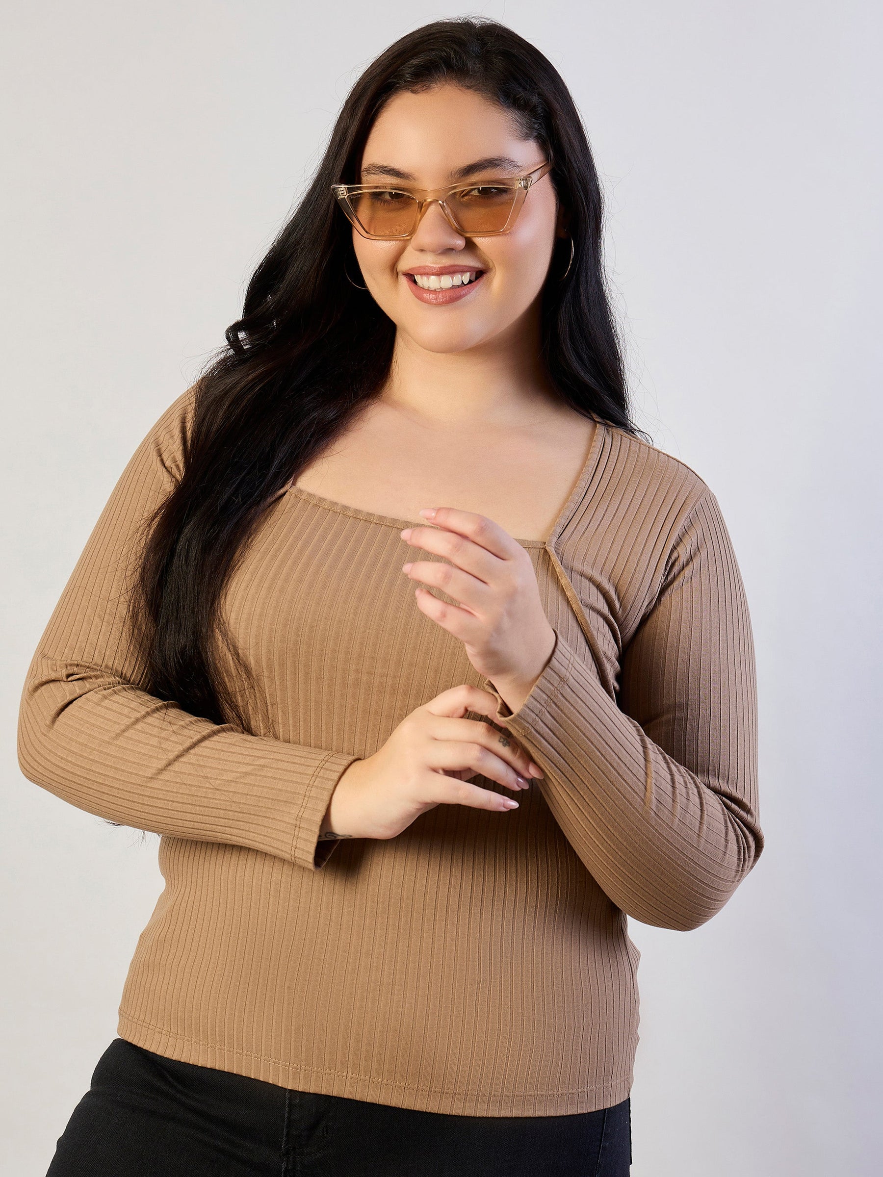 Beige Empire Neck Rib Top-SASSAFRAS CURVE