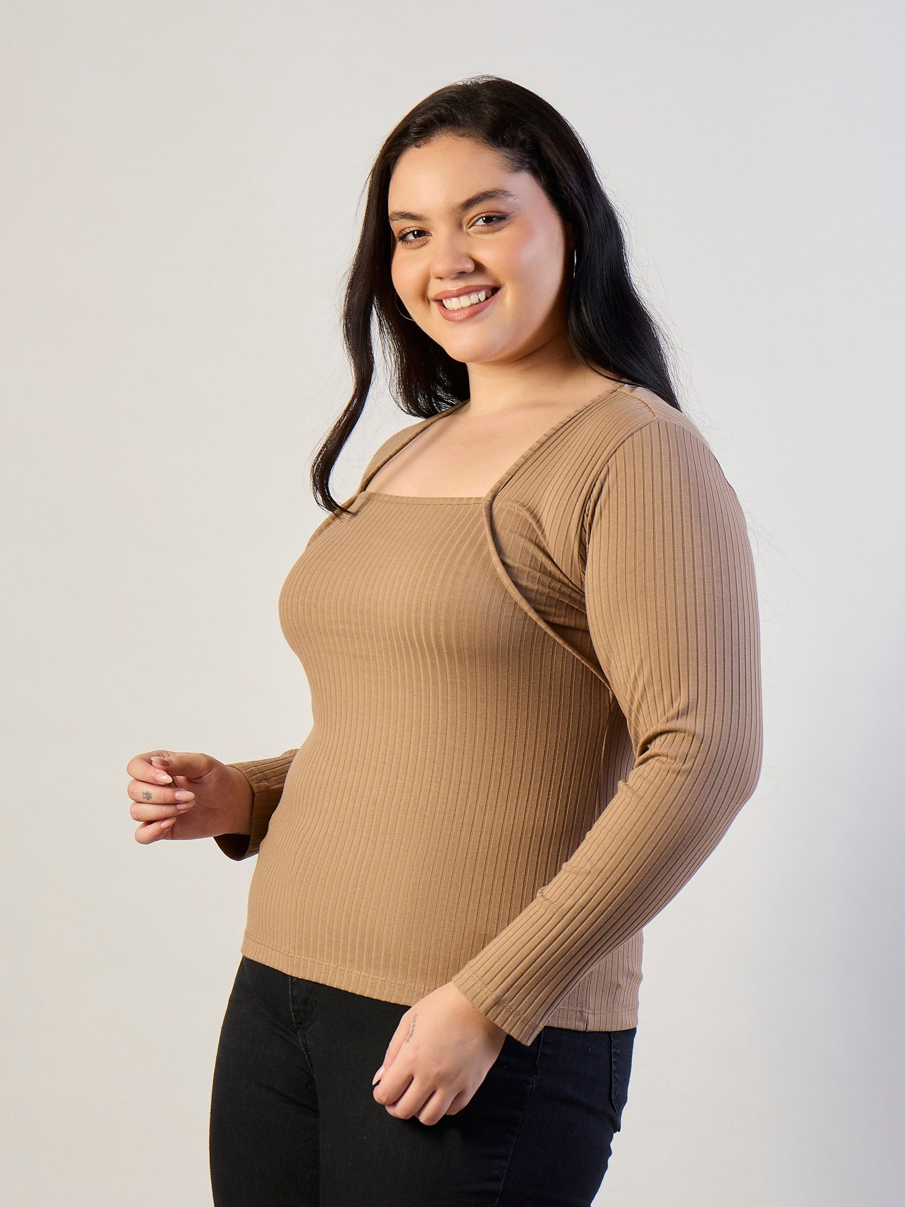 Beige Empire Neck Rib Top-SASSAFRAS CURVE