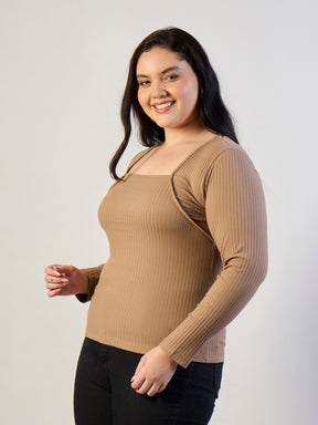 Beige Empire Neck Rib Top-SASSAFRAS CURVE