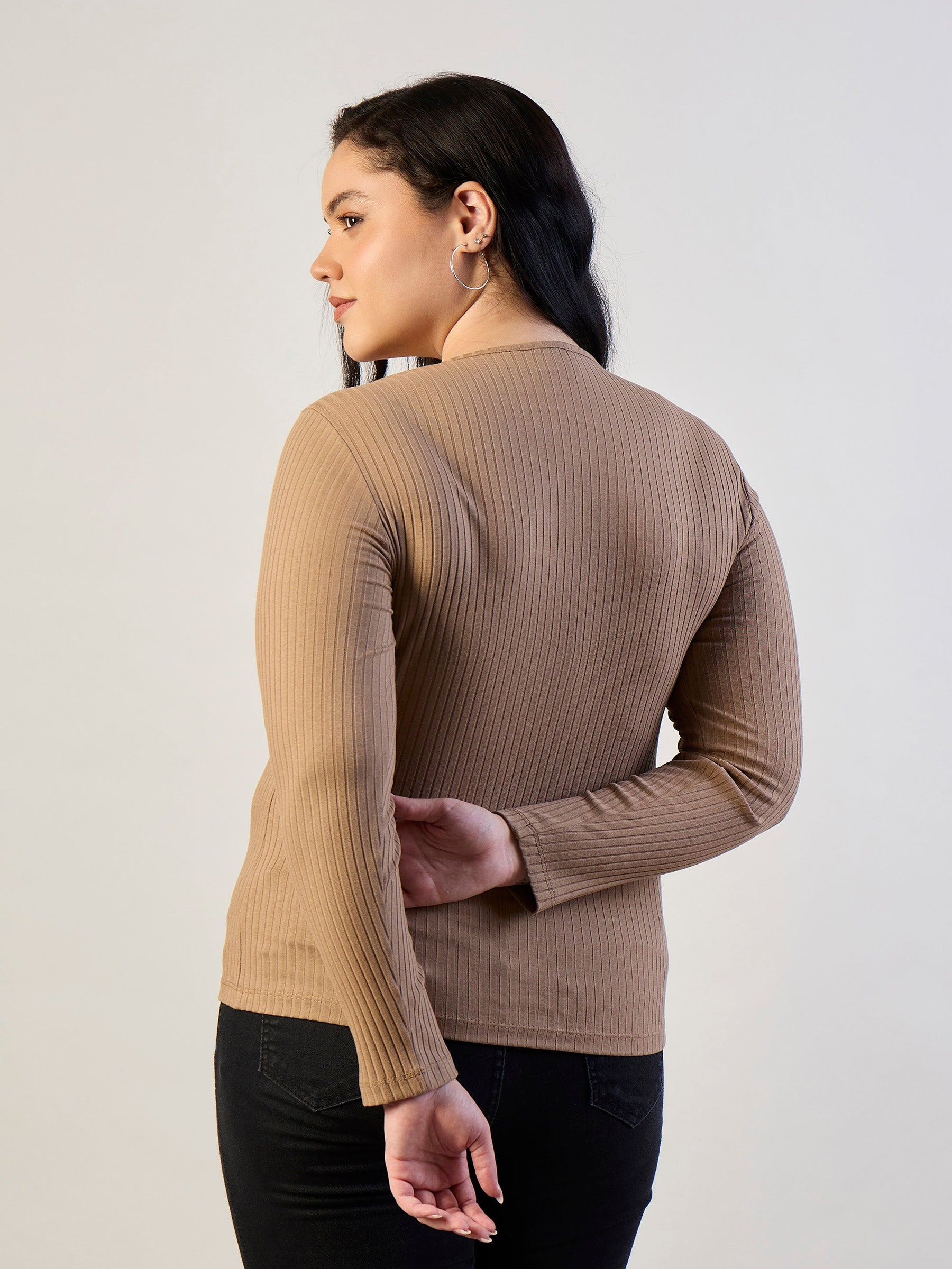 Beige Empire Neck Rib Top-SASSAFRAS CURVE