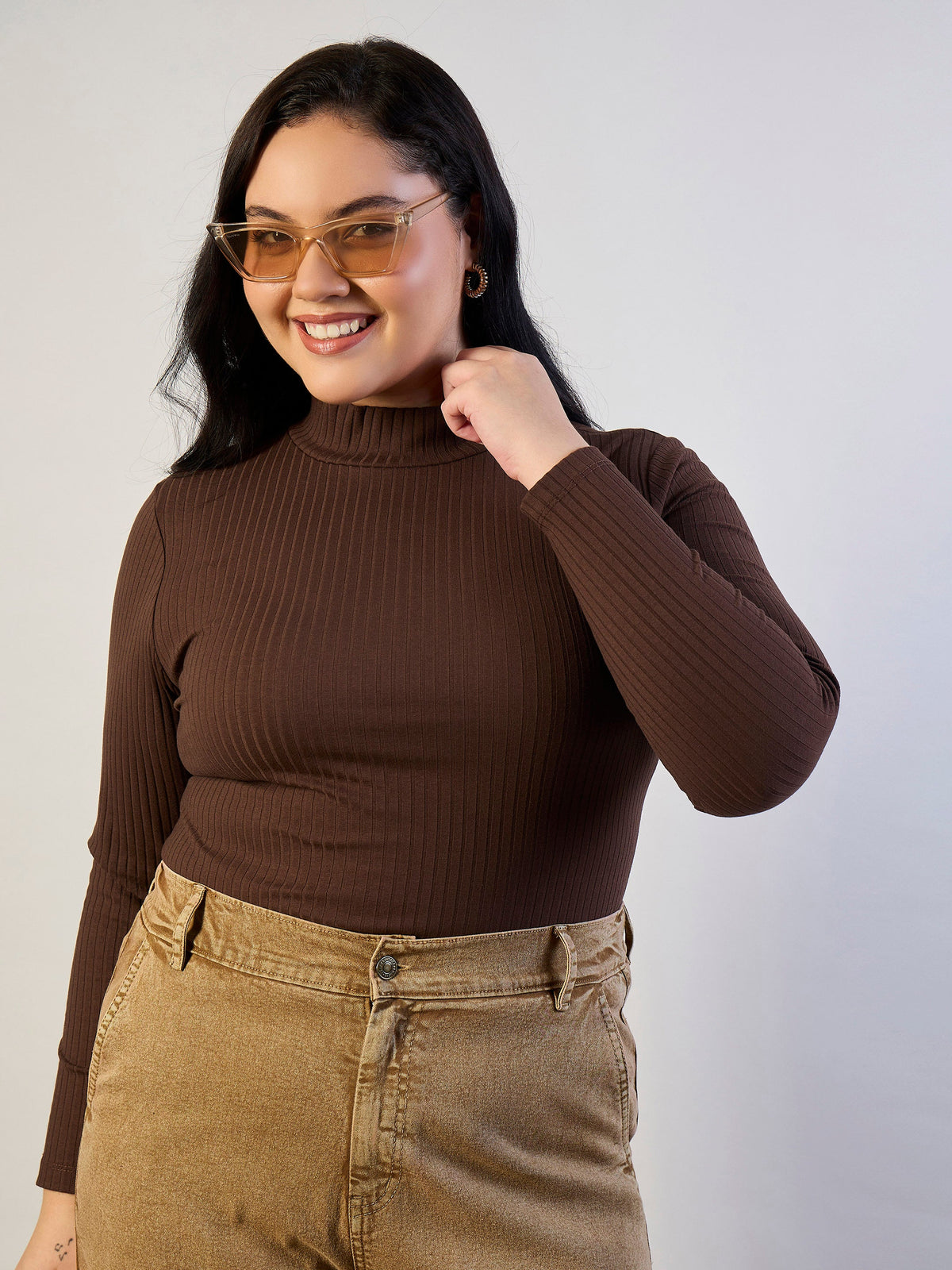 Brown High Neck Rib Top-SASSAFRAS CURVE