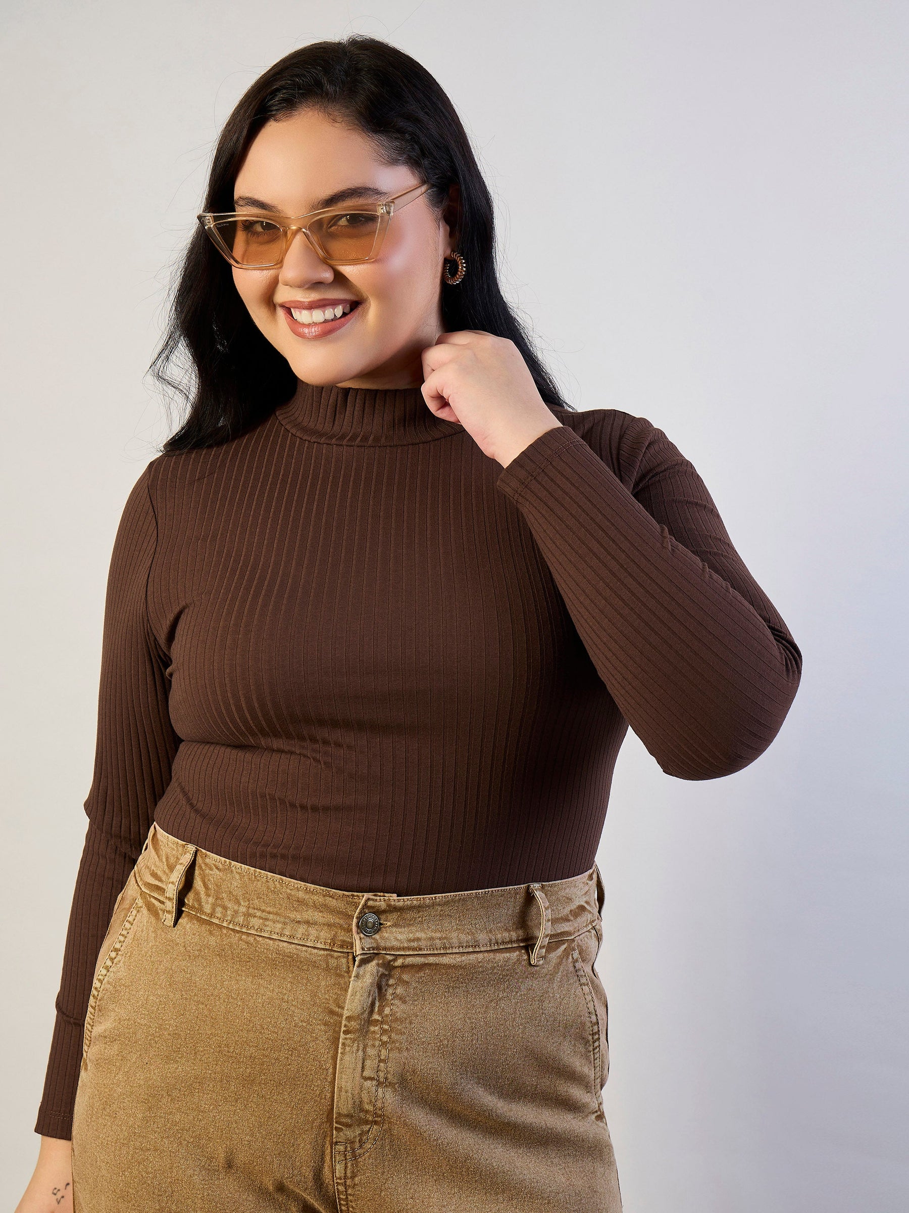 Brown High Neck Rib Top-SASSAFRAS CURVE