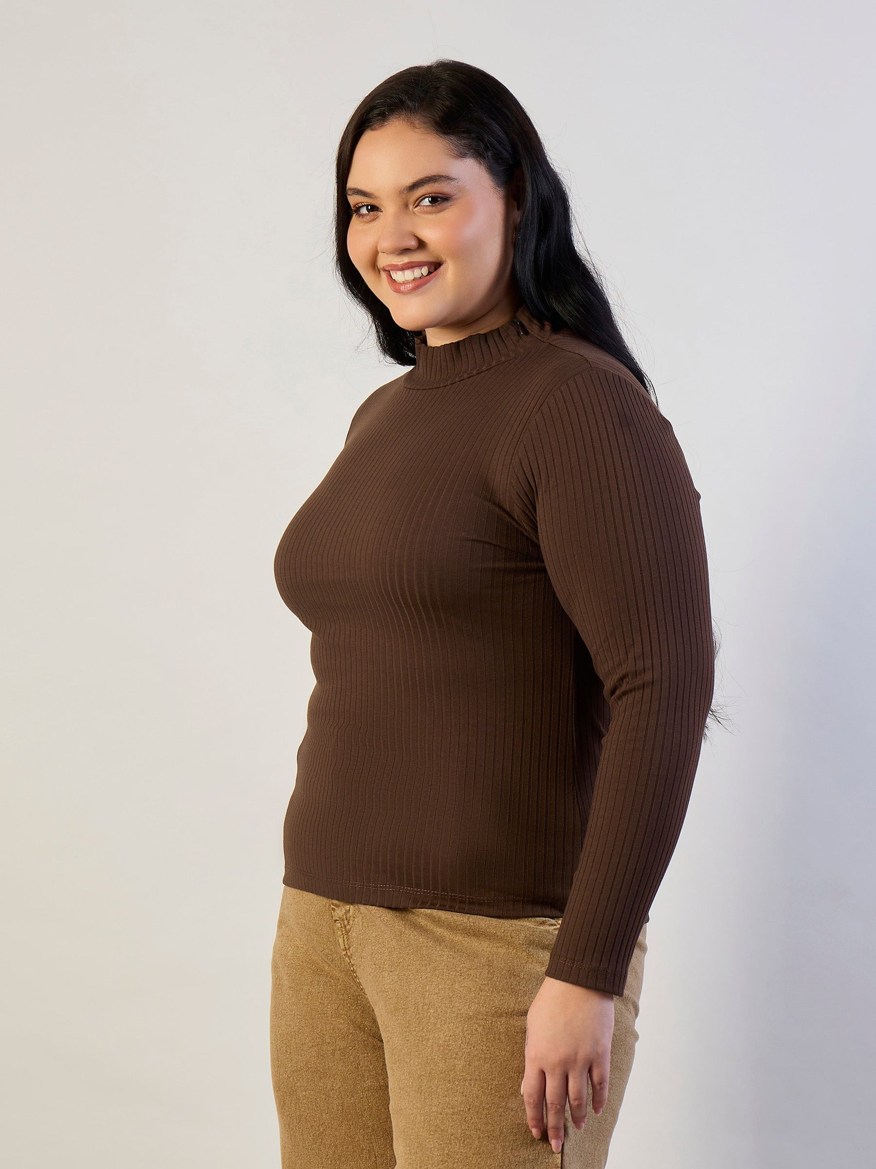 Brown High Neck Rib Top-SASSAFRAS CURVE