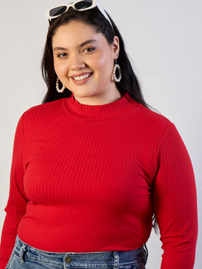 Red High Neck Rib Top-SASSAFRAS CURVE