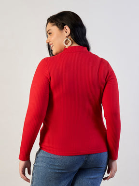 Red High Neck Rib Top-SASSAFRAS CURVE