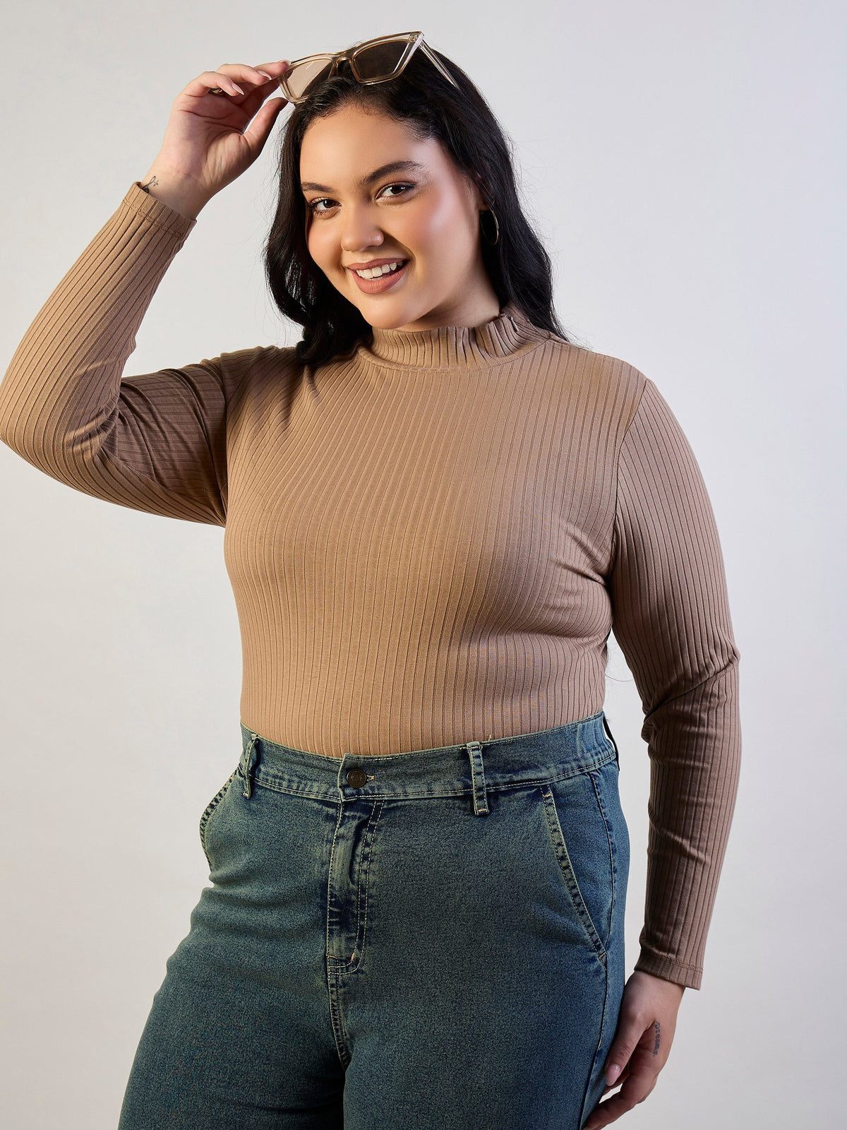 Beige High Neck Rib Top-SASSAFRAS CURVE