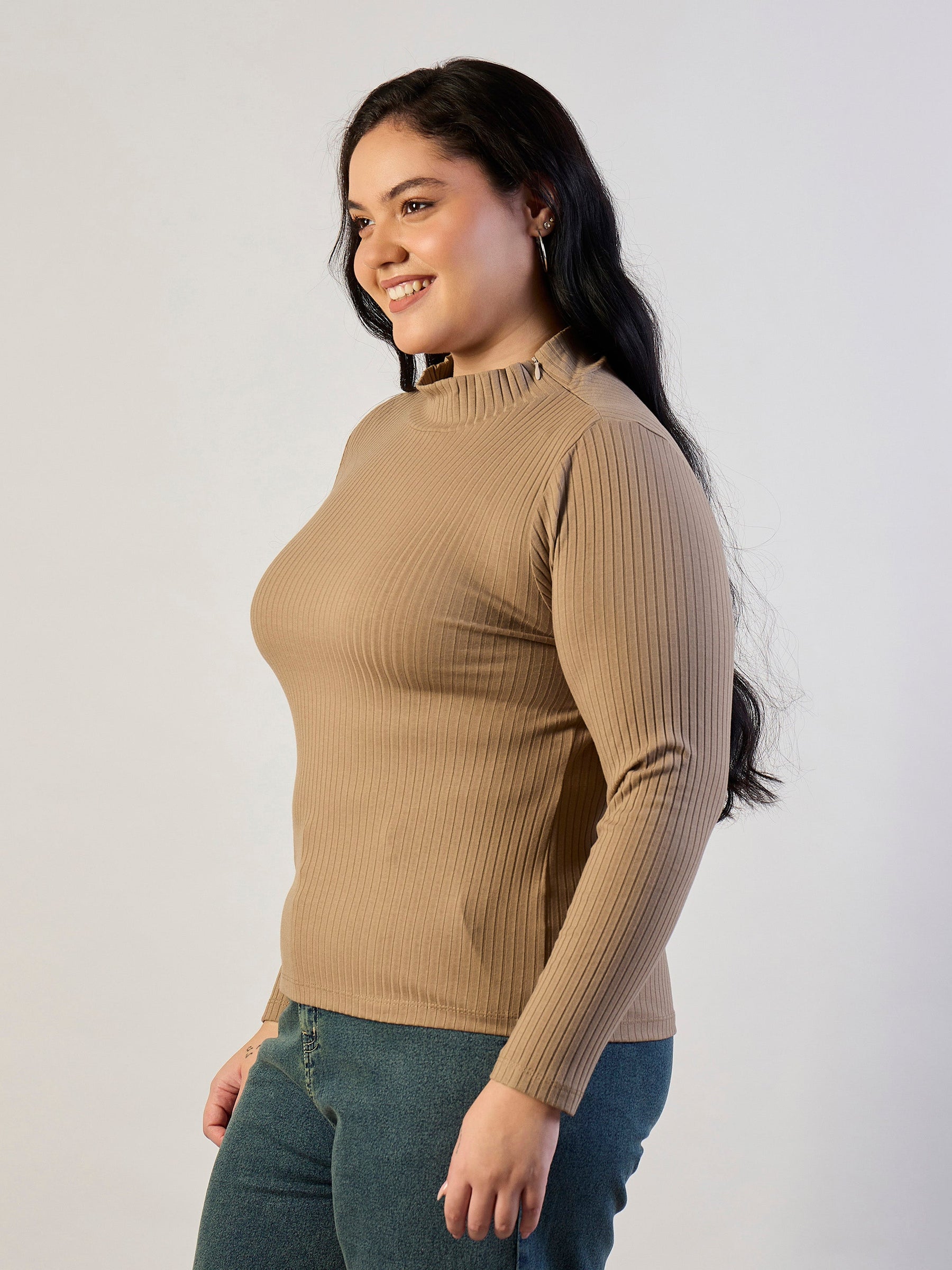 Beige High Neck Rib Top-SASSAFRAS CURVE